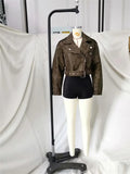 Trizchlor Women's Vintage Turn Down Collar Leather Jacket Washed Leather Belt Zipper Jacket Spring Jacket Fashion Casual Women Short Coat
