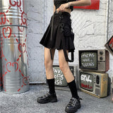Trizchlor Gothic Pleated Cargo Skirt Women Harajuku Punk Belt Pocket High Waist Black Mini Skirt Summer Mall Goth Kpop Streetwear