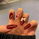 Trizchlor 24Pcs/Box Detachable Coffin False Nails Red Heart Design Wearable Long Ballerina Fake Nail With Bow Almond Line Full Cover Nail