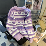 Trizchlor Purple Stripe Retro Casual Fashion Oversize Sweater Women's Winter Warmth Harajuku Knit Pullover Long Sleeve Sweater Streetwear