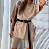 Trizchlor  2023 Autumn New Fall Outfits  Women's Suit White O-neck Short Sleeve Loose Tops Short Pants Belt Track Suits Female Trendy Casual Ladies Clothes