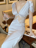 Trizchlor New 2023 Dresses High Waist Elegant Lady Vintage Chic Lace Petal Sleeve Women Summer Fashion Long Evening Dress