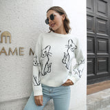 Trizchlor Winter Sweater Women's Cat Embroidery Casual Knit Loose Pullover Fashion O-Neck Long Sleeve Warm Harajuku Top