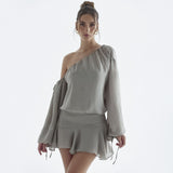 Trizchlor  One Shoulder Chiffon Long Sleeve Grey Party Dress for Women Clothes Ruffles Tie Up Mini Vestido Elegant Outfits