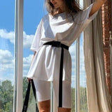 Trizchlor  2023 Autumn New Fall Outfits  Women's Suit White O-neck Short Sleeve Loose Tops Short Pants Belt Track Suits Female Trendy Casual Ladies Clothes