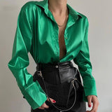 Women 2022 Elegant Satin Solid Long Sleeve Blouses Female Chic Vintage Blue Green Casual Loose Fitting Buttons Down Shirts Tops