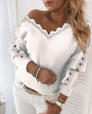 Trizchlor  2023 Autumn New Fall Outfits  Clothes Women's Fashion  White Lace Trim Rib Cut Long Sleeved Sweater Loose Hollow Open Back Pullover