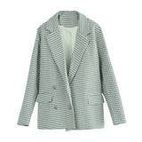 Trizchlor 2022 Stylish Chic Houndstooth Gray Plaid Oversize Suit Women Double Breasted Pockets Long Texture Blazers With Buttons Office Lady