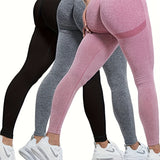3pcs Seamless Solid Color High Waist Fitness Pants, High Elastic Butt Lifting Sports Tight Yoga Leggings, Women's Activewear