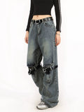 Trizchlor - Button Belted Knee-Cutout Straight Faded Jeans