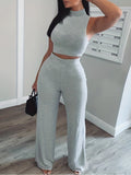 Casual Workout 2 Pieces Set. Cropped Sleeveless Tank Top & High Waist Wide Leg Pants Outfits. Women's Clothing