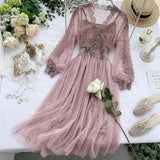 Spring Autumn 2021 New Elegant Slim v-neck Mesh Dress Women Sweet Hollow Out Lace Dress High Waist Two Peices Women's Sets Mh547