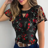 Summer Women Shirts Elegant Butterfly Short Sleeves Blouse Ruffle Tops Solid Hollow Out Loose Floral Embroidery Casual Lady Tops
